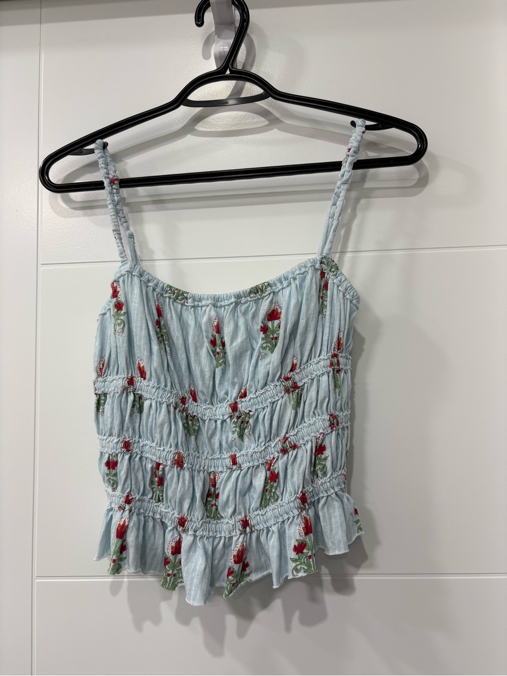 We The Free Light Blue Smocked Floral Cami with Red Accents